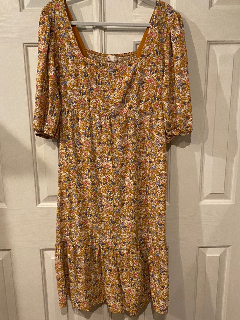 SO 💐XL Floral Cottage-core Midi Dress Puff Sleeve w/elastic Ruffle Prairie Boho